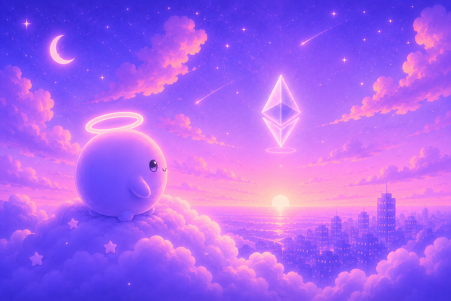 Mopi watching the Ethereum logo over a sunset city